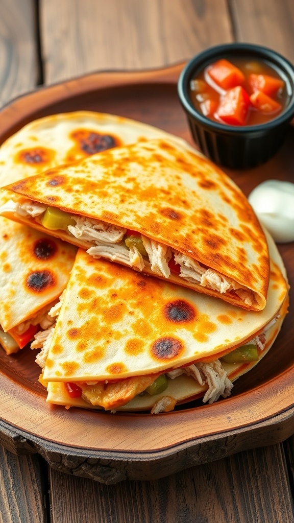 Grilled chicken quesadilla cut into wedges, served with salsa and sour cream on a wooden plate.
